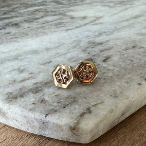 Tory Burch Gold Hexagon Logo Stud Earrings - Gold- see description